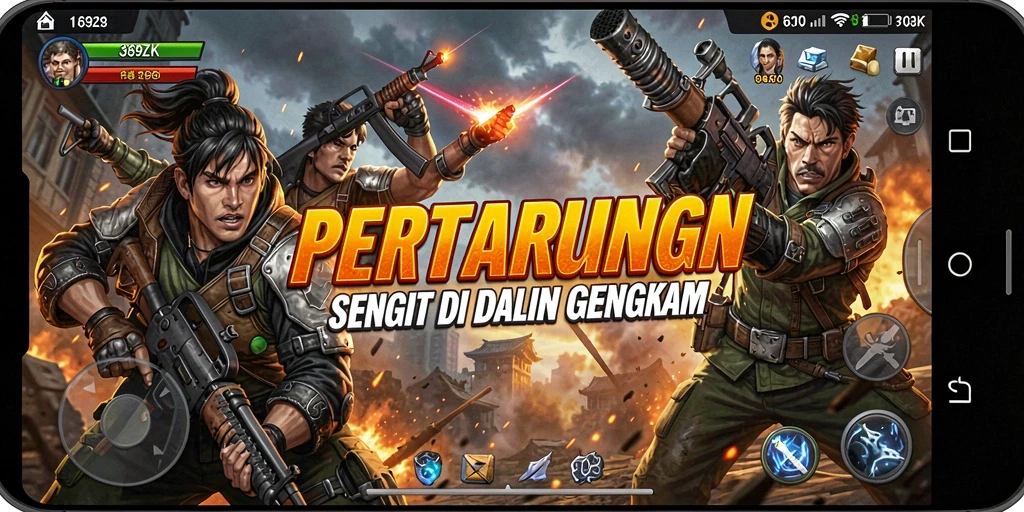 Tampilan gameplay yang mendebarkan dalam pertarungan epik.
