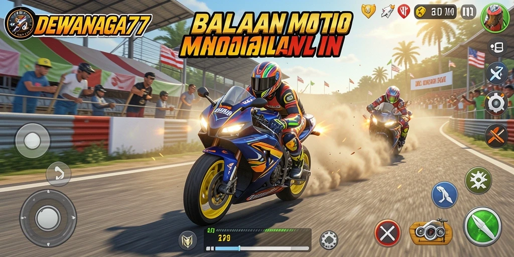 Tangkapan layar gameplay di DEWANAGA77 menampilkan balapan motor yang mendebarkan.