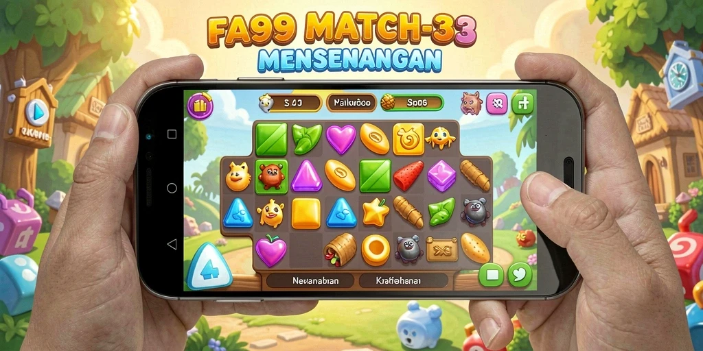 Tangkapan layar utama FA99 menampilkan aksi mencocokkan elemen yang seru.