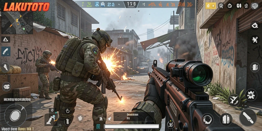 Tangkapan layar gameplay LAKUTOTO menampilkan pertempuran FPS yang intens.