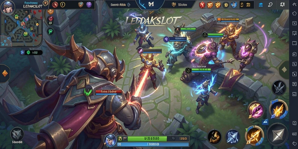 Tampilan gameplay seru dalam LEDAKSLOT dengan aksi MOBA yang mendebarkan.