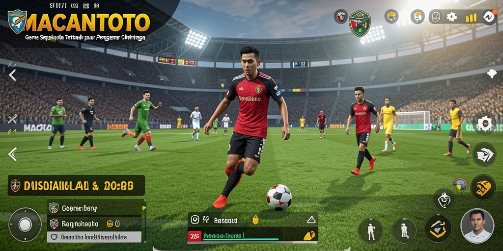 Screenshot gameplay menunjukkan aksi seru di lapangan sepakbola.