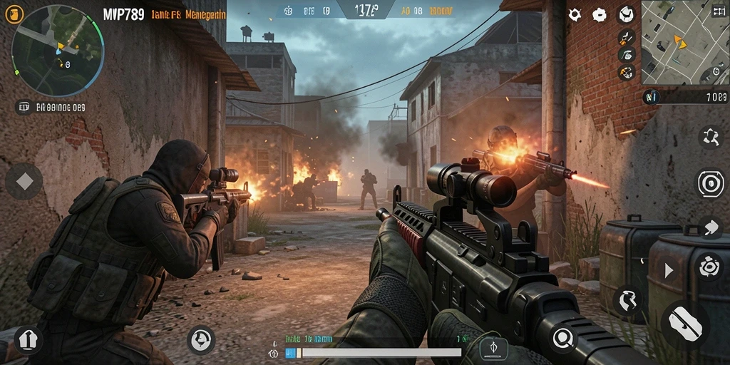Screenshot menunjukkan aksi berintensitas tinggi dalam game FPS.