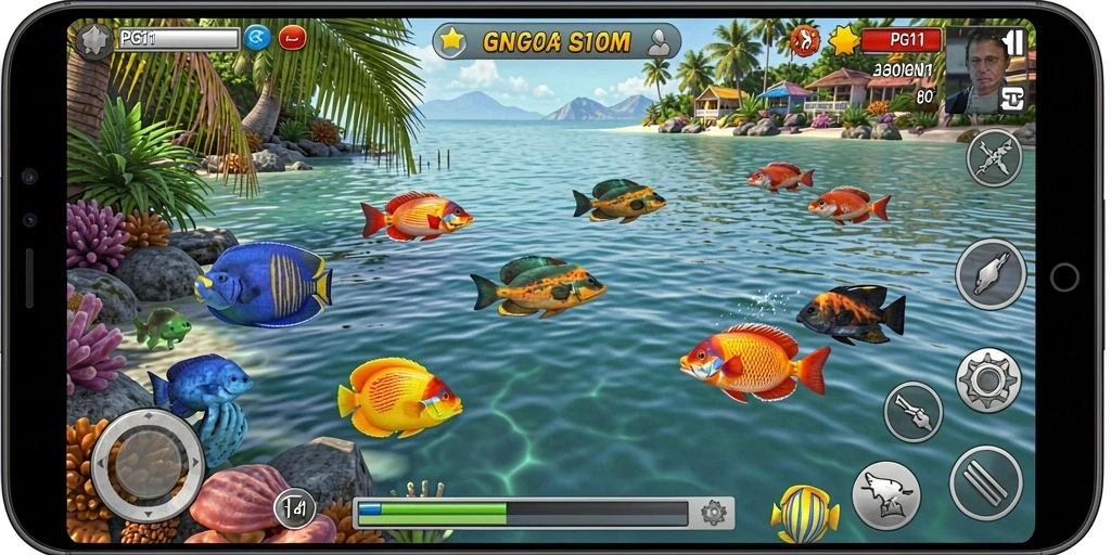 Screenshot PG11 menampilkan aksi menembak ikan yang seru dan penuh warna.