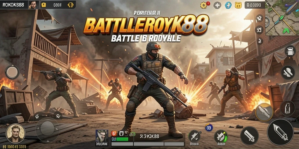 Tangkapan layar utama ROKOK88 menampilkan aksi pertempuran Battle Royale yang seru.