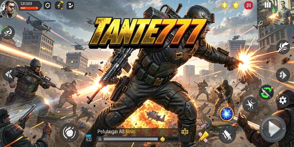 Tangkapan layar utama TANTE777 menampilkan karakter bertarung dalam aksi penuh adrenalin.