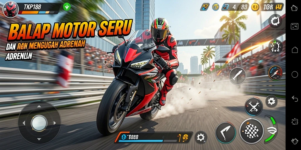 Tampilan gameplay mendebarkan TKP188 dengan balapan motor yang seru.