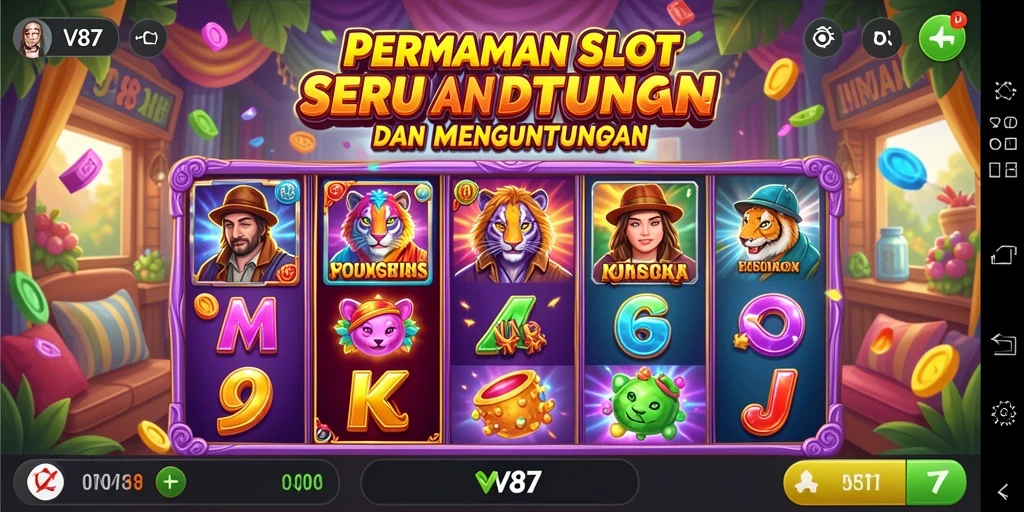 Screenshot V87 menampilkan gameplay Slot yang penuh warna dan menghibur.