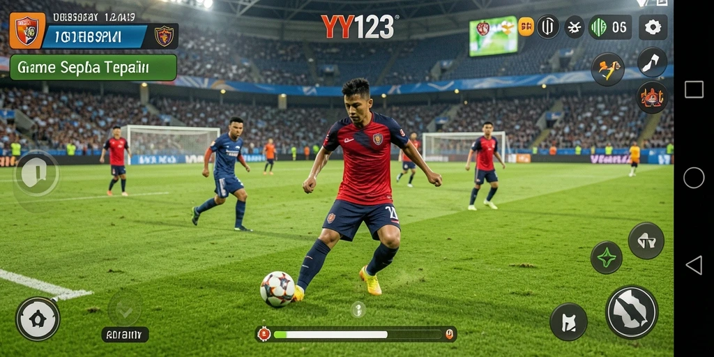 Tampilan gameplay YY123 dengan aksi seru di lapangan sepak bola.